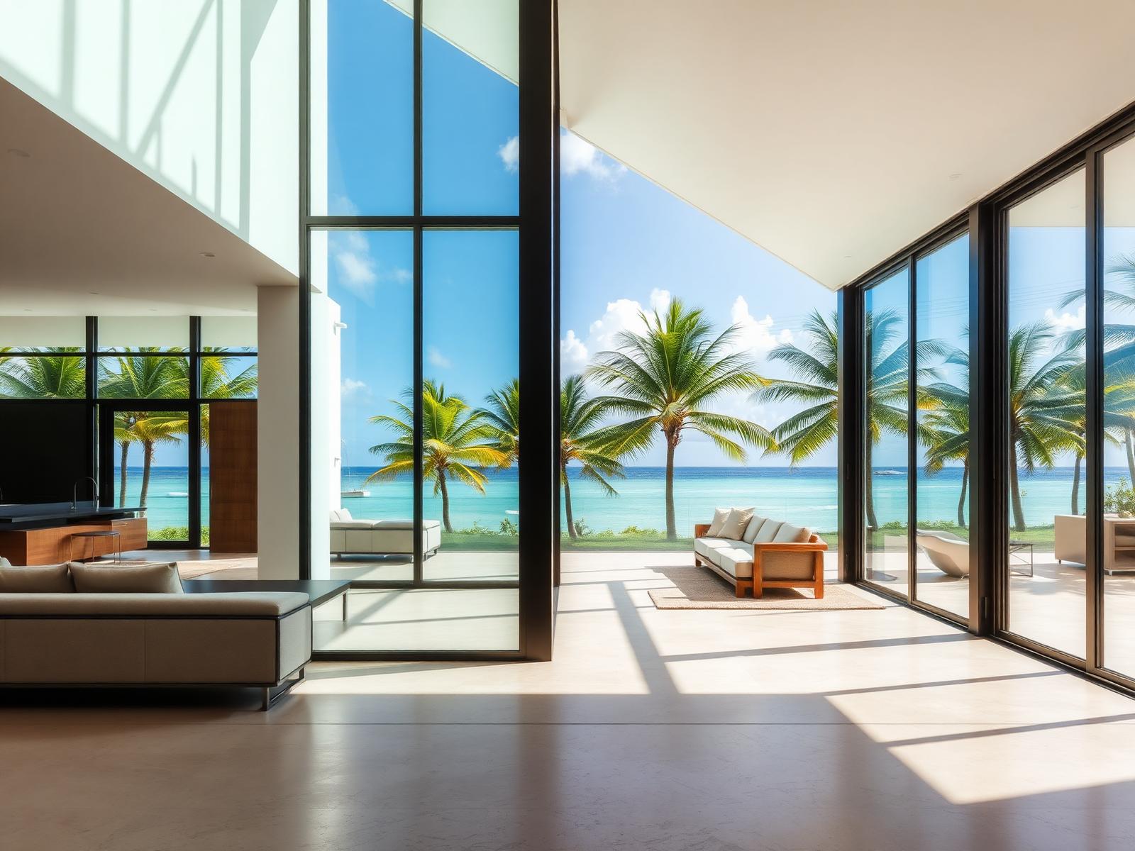 Sala moderna con grandes ventanales de aluminio y cristal en una vivienda dominicana con vista al mar Caribe